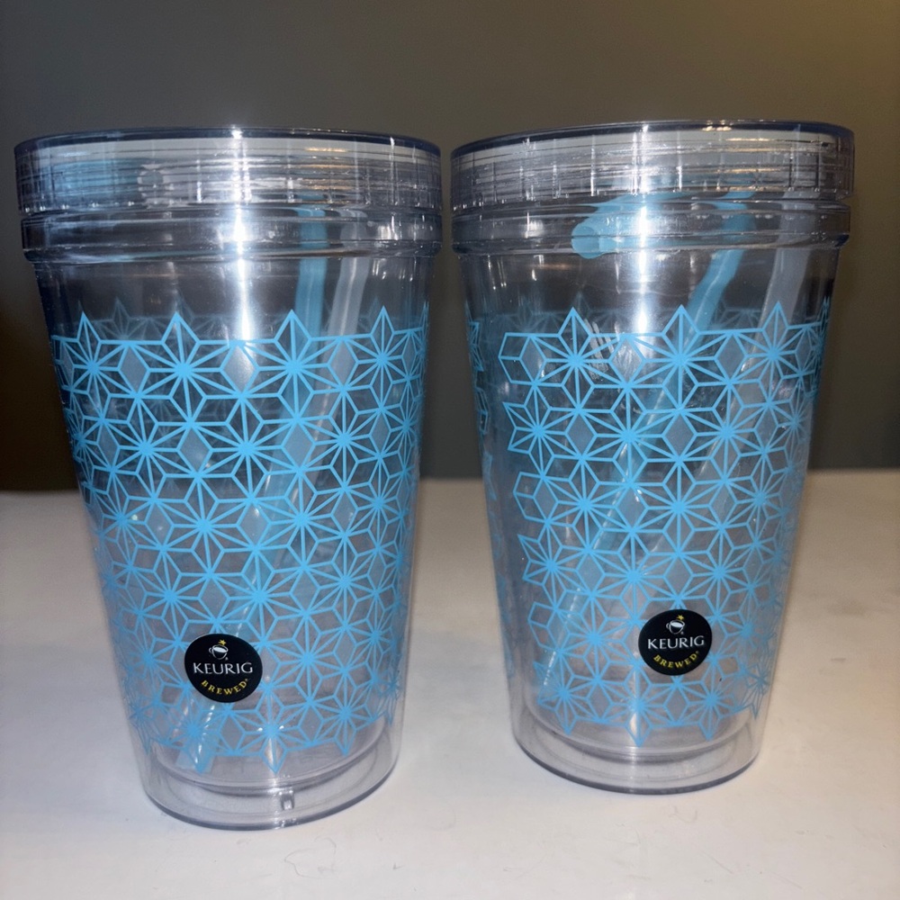 Keurig Clear Tumblers with Blue Geometric Design